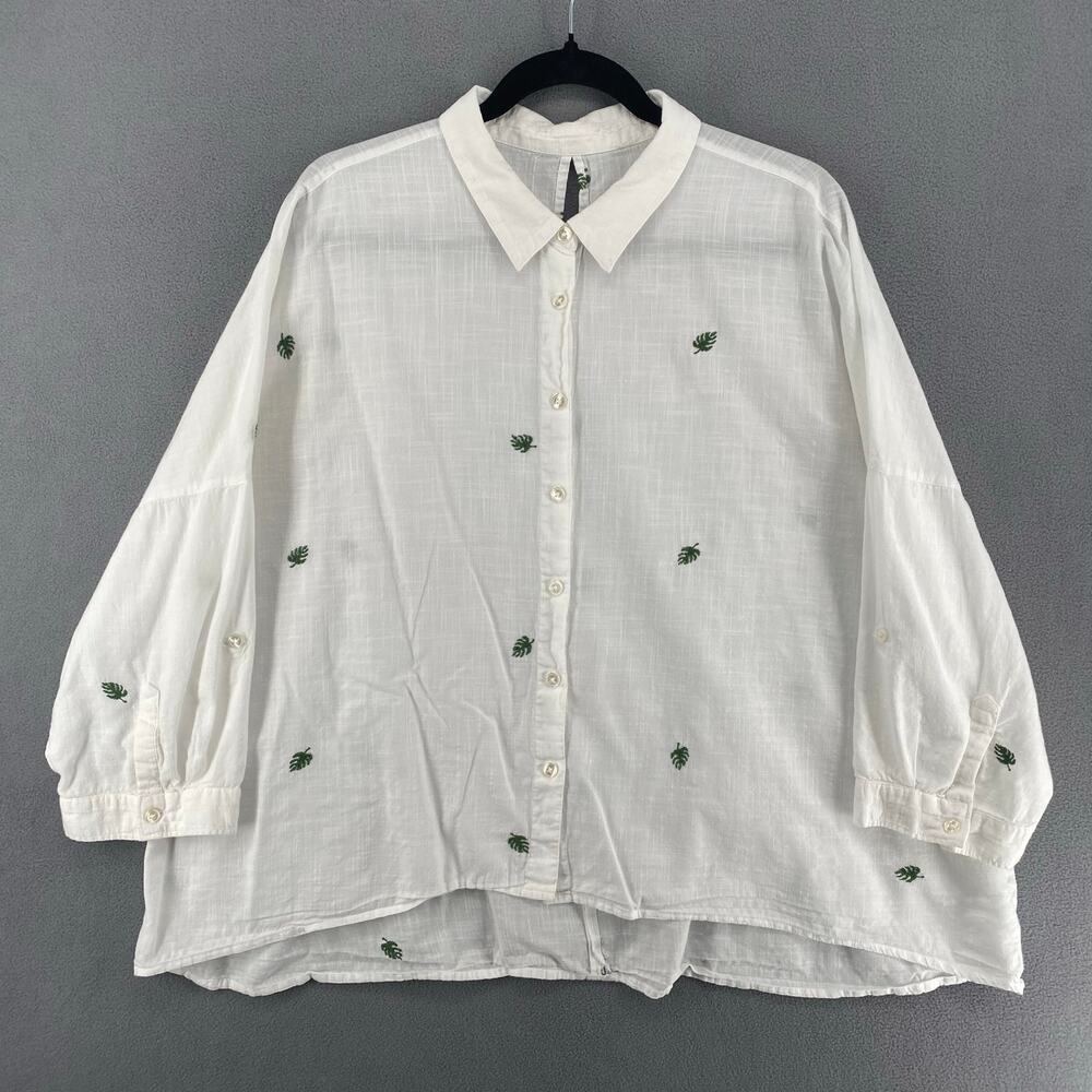 Cotton Blend Boxy Loose Button Front Shirt No Size Tag Womens XXL White Monstera